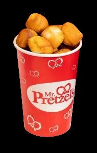 Red cup with pretzels and 'Mr. Pretzels' logo on a black background