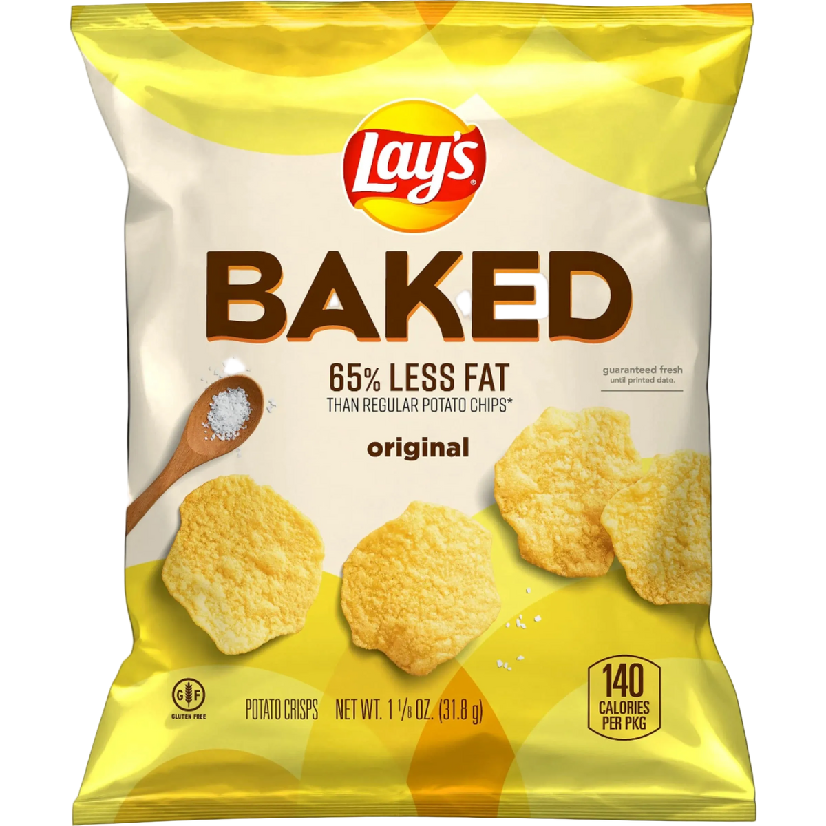 A bag of Lay's Baked Original potato chips on a solid black background. The packaging is primarily white and yellow with brown text, featuring illustrations of golden-baked chips and a wooden spoon with salt.