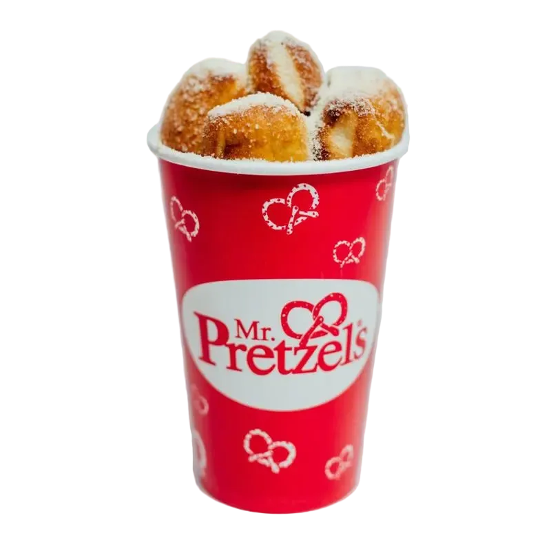 Red cup with 'Mr. Pretzel's' logo containing sugar-coated pretzels on a light gray background