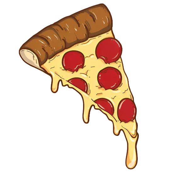 A cartoon-style illustration of a single slice of pepperoni pizza with melted cheese, shown on a solid black background.