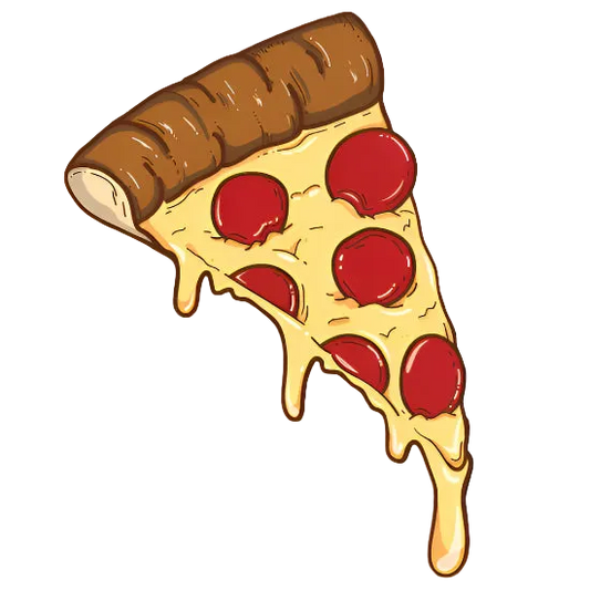 A cartoon-style illustration of a single slice of pepperoni pizza with melted cheese, shown on a solid black background.